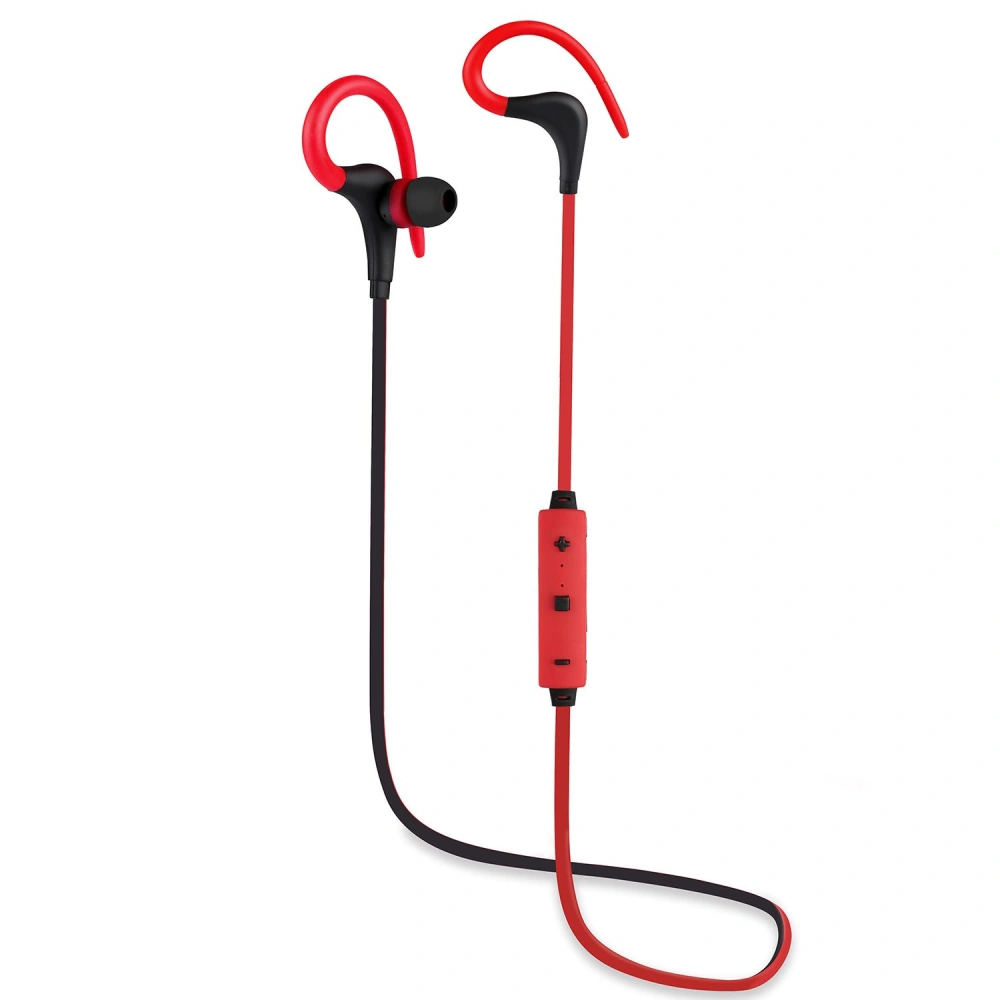 Wireless red sport earbuds with ear hooks and in-line microphone for hands-free calling and music control.