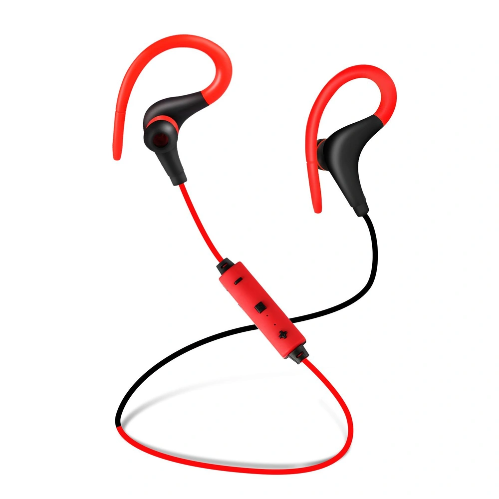 Stylish wireless sports earphones with red and black design, featuring ergonomic ear hooks and an inline remote for volume control.