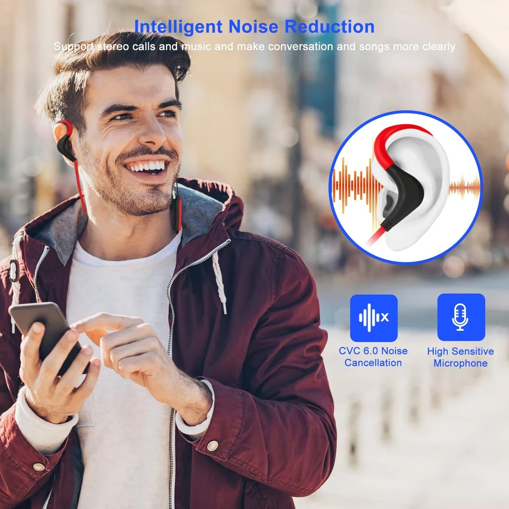Man wearing earbuds and using a smartphone outdoors, showcasing intelligent noise reduction technology, CVC 6.0 noise cancellation, and a high-sensitive microphone for clear conversations and music.