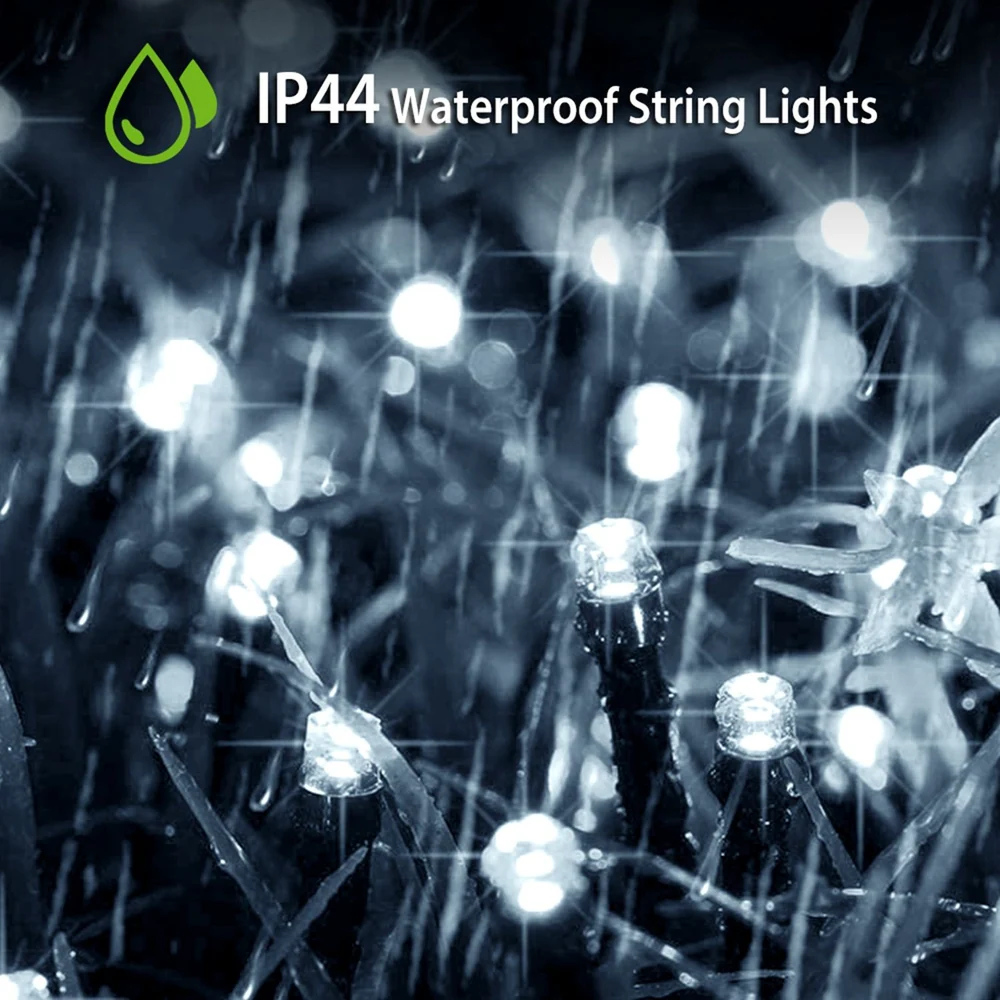 IP44 waterproof string lights shining in the rain, showcasing sparkling illumination for outdoor decor.