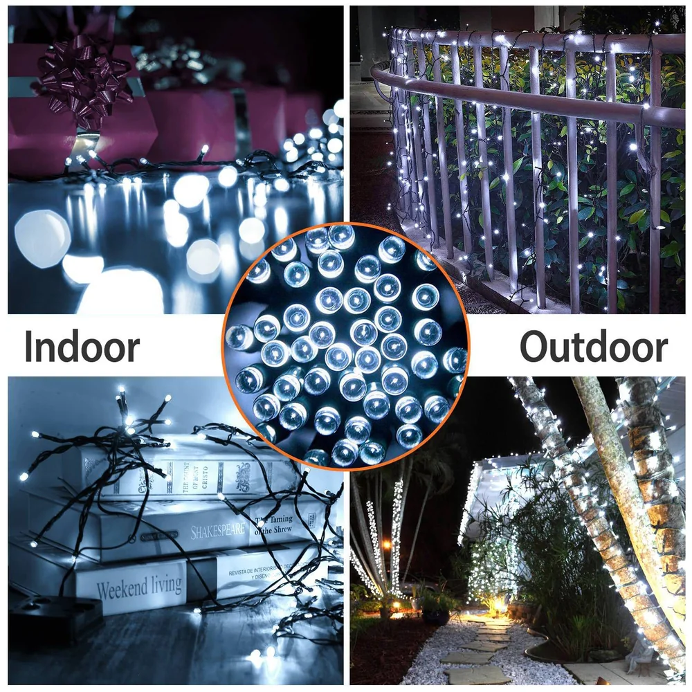 Festive LED string lights for indoor and outdoor decoration, showcasing bright white bulbs on a dark backdrop, ideal for holiday celebrations and enhancing ambiance.