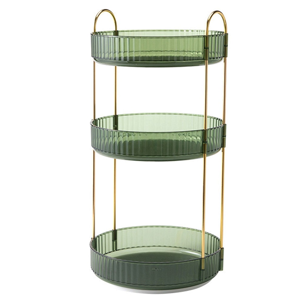 Three-tiered green glass serving tray with gold metal accents, perfect for displaying desserts or snacks.