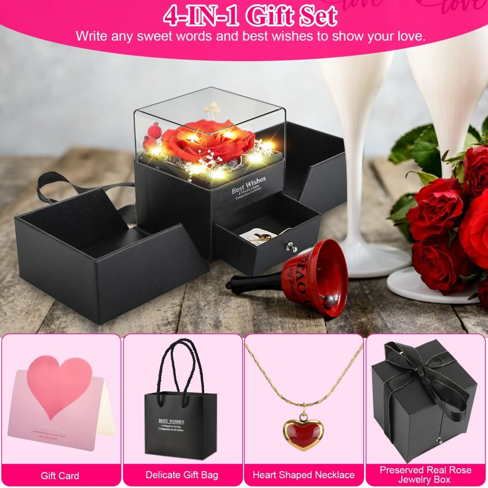 4-in-1 gift set featuring a preserved real rose, heart-shaped necklace, delicate gift bag, and gift card, elegantly arranged in a black jewelry box.