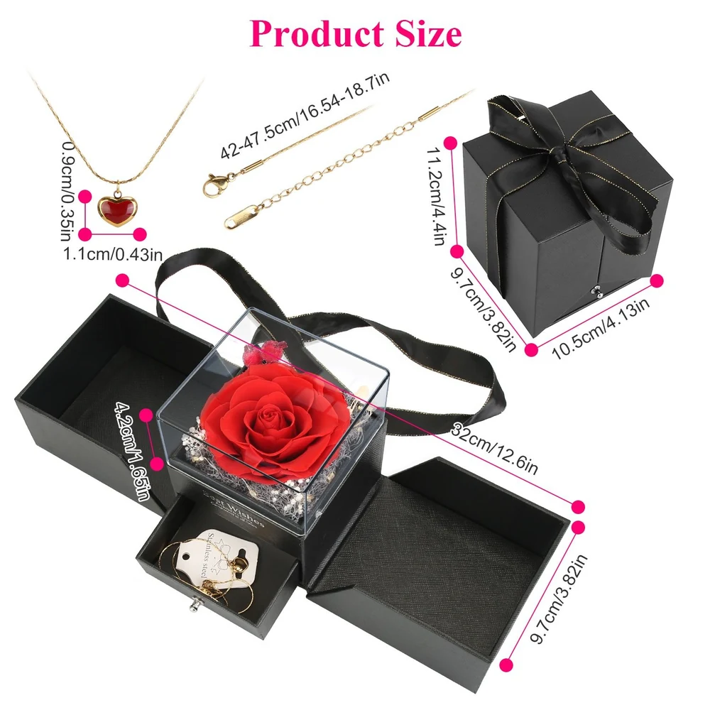 Image showing a black gift box with a transparent lid containing a preserved red rose and gold jewelry, including a heart-shaped necklace and earrings, with dimensions labeled for easy reference.
