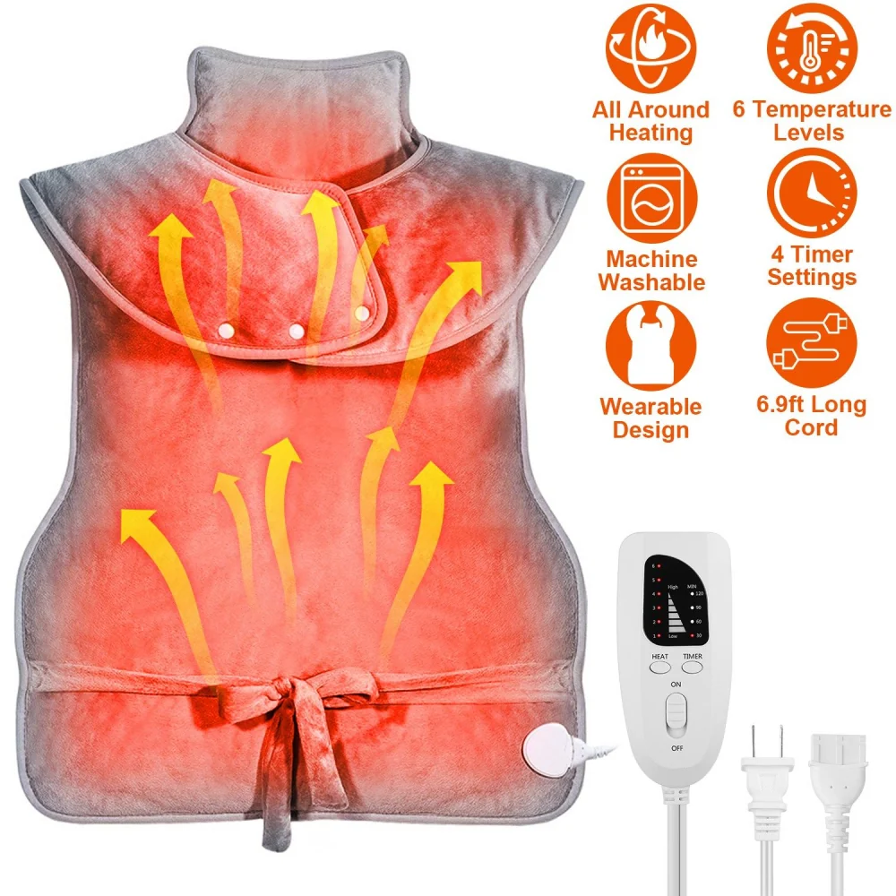 Wearable heating pad shawl with all-around heating, six temperature levels, and a 6.9ft long cord for comfort; machine washable and features four timer settings for relaxation.