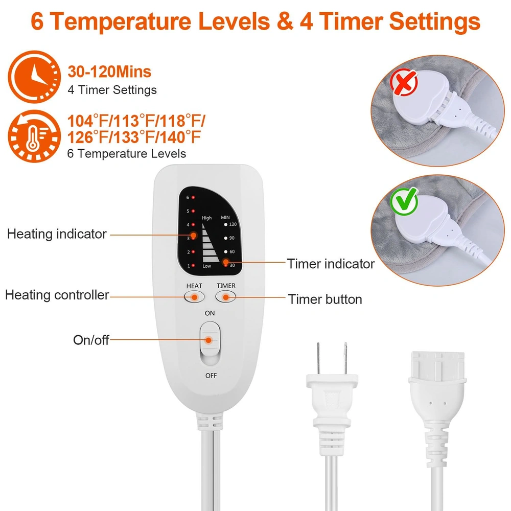 Remote control for heating blanket with 6 temperature levels and 4 timer settings, featuring heating and timer indicators and an easy on/off switch.
