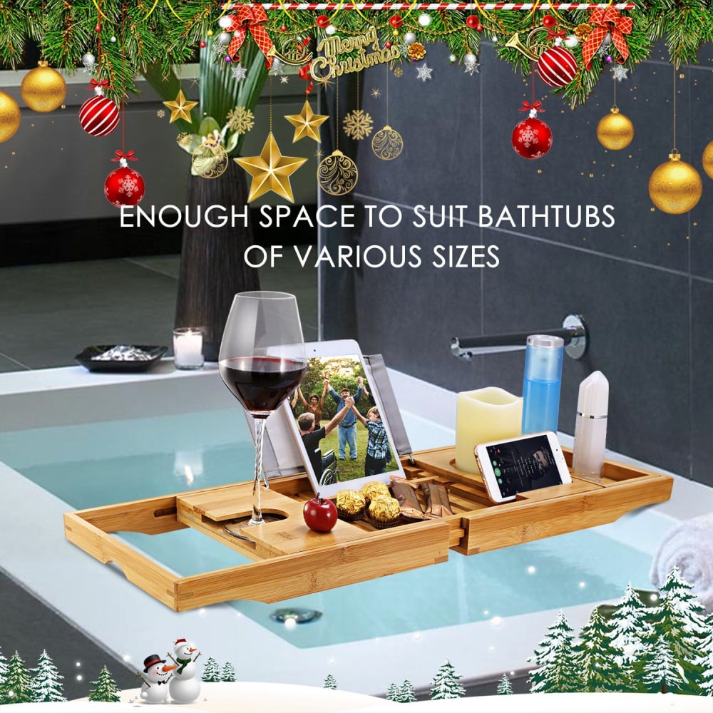 Bamboo bathtub caddy Tray with wine glass, tablet, candle, and snacks, designed to fit various bathtub sizes for a relaxing experience.