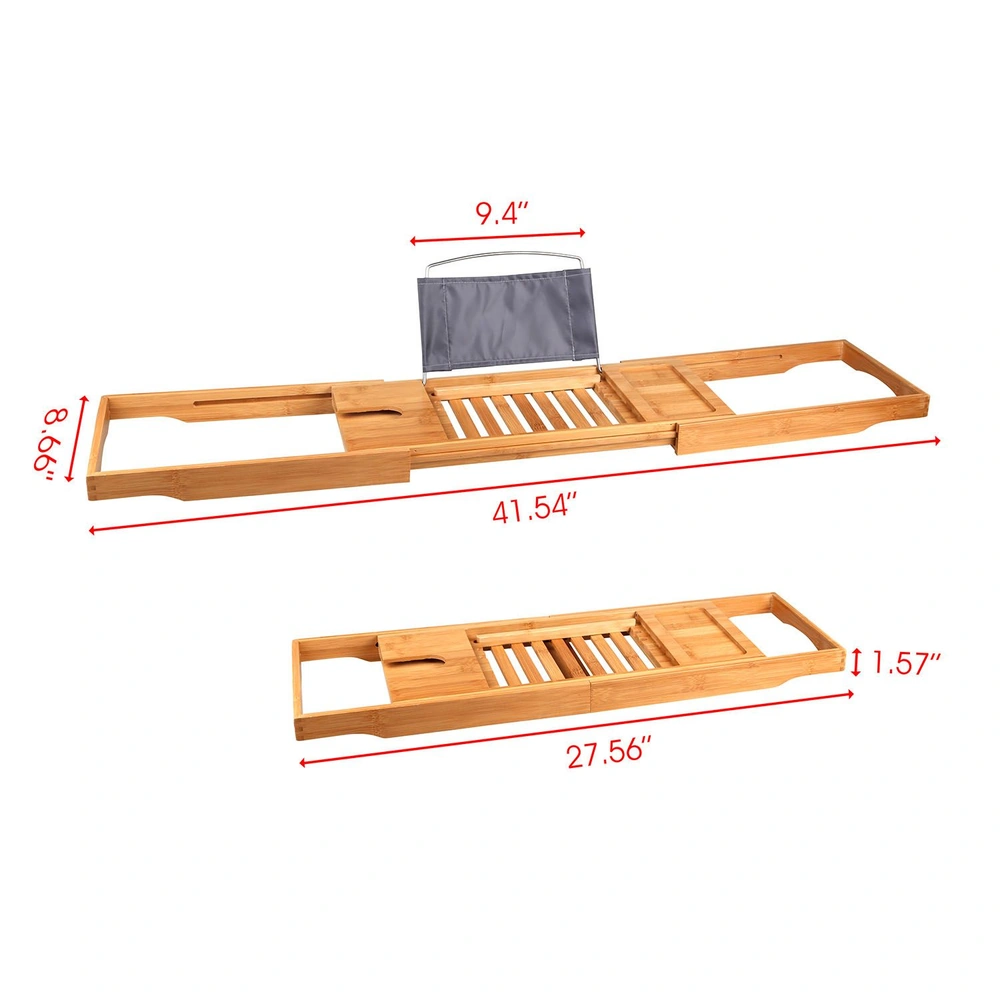 Bamboo bathtub tray with dimensions, featuring a detachable gray storage pouch and slatted design for relaxation and convenience.