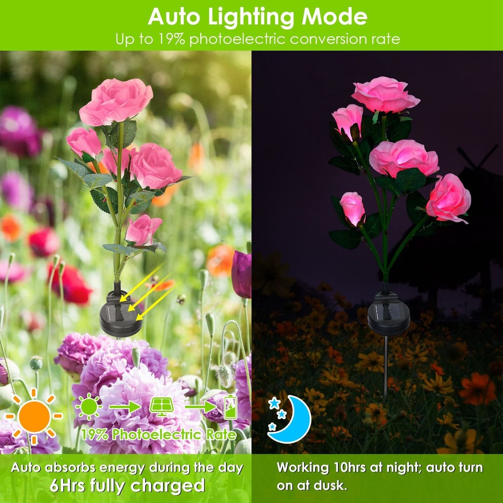 Solar-powered LED pink rose garden light with auto lighting mode, charging during the day to illuminate gardens at night for up to 10 hours.