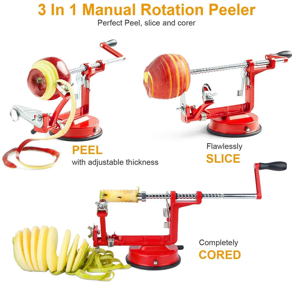 3-in-1 manual rotation peeler with adjustable thickness for peeling, flawless slicing, and coring, featuring a sturdy suction base and vibrant red design.