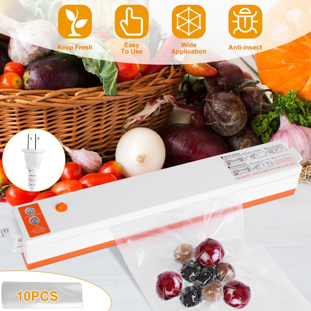 Vacuum food sealer machine with fresh produce in the background, featuring indicators for keeping food fresh, ease of use, wide application, and anti-insect protection, alongside a 10-piece bag accessory.