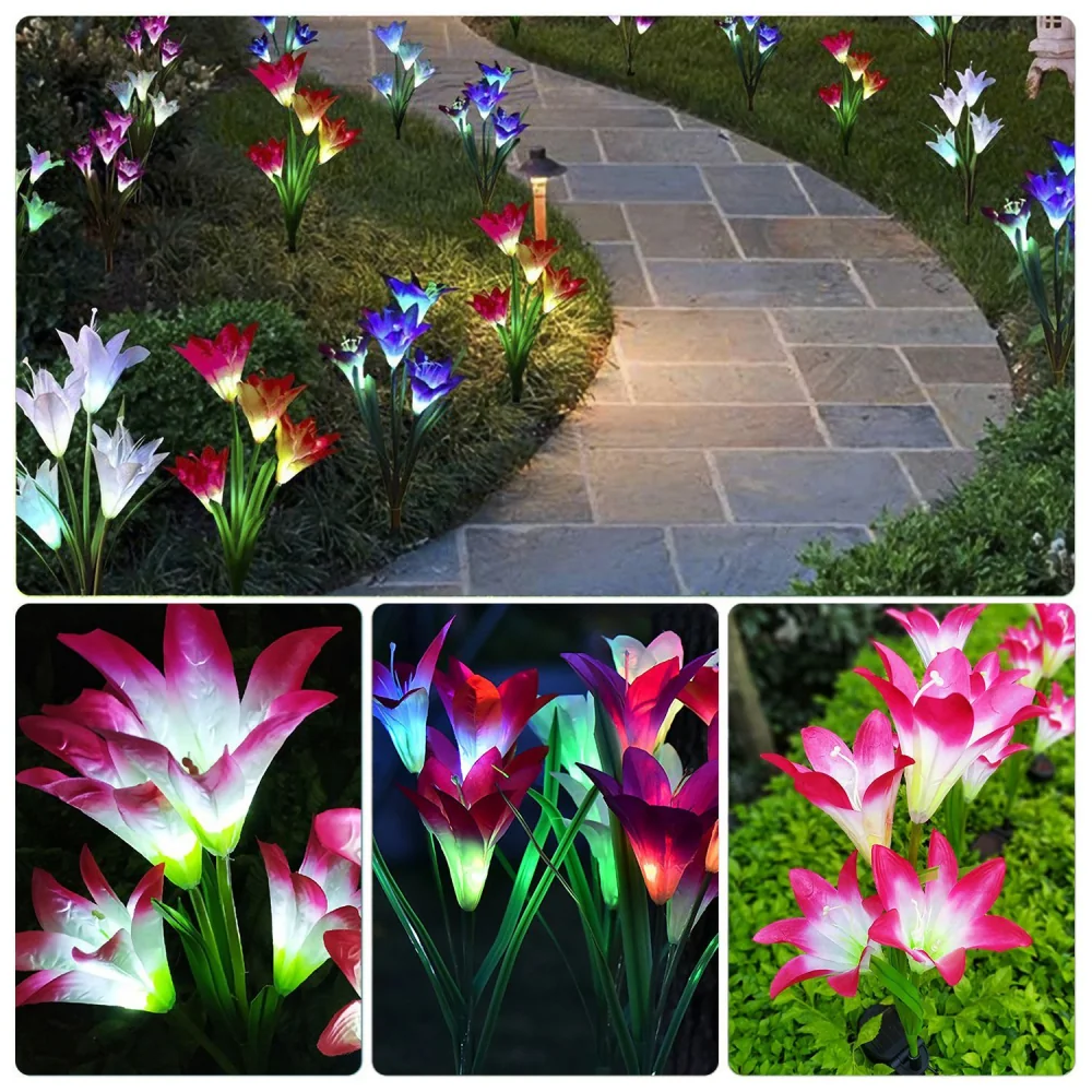 Colorful solar-powered garden flowers illuminating a stone pathway, featuring vibrant red, blue, and white petals surrounded by lush greenery, ideal for enhancing outdoor decor.
