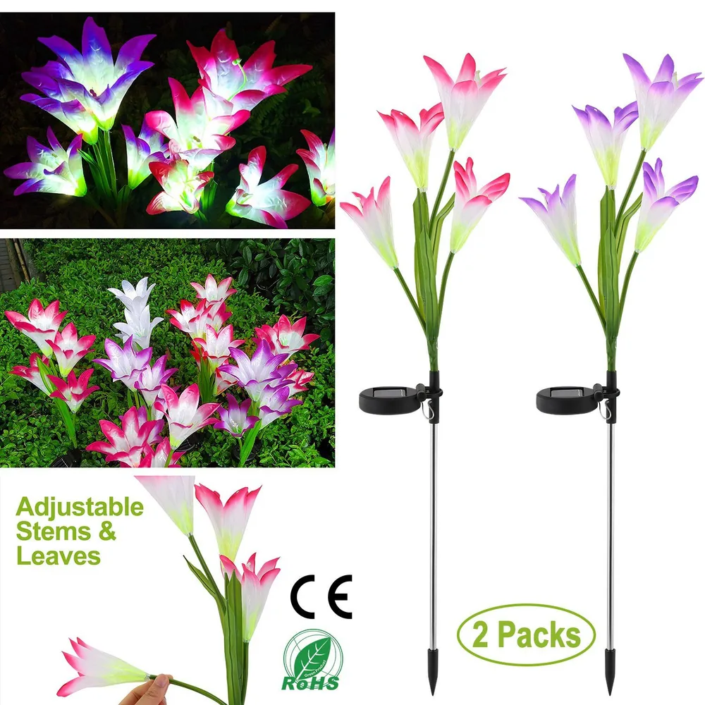 Colorful solar-powered garden flowers with adjustable stems and leaves, available in a set of two, illuminating outdoor spaces with vibrant lights.