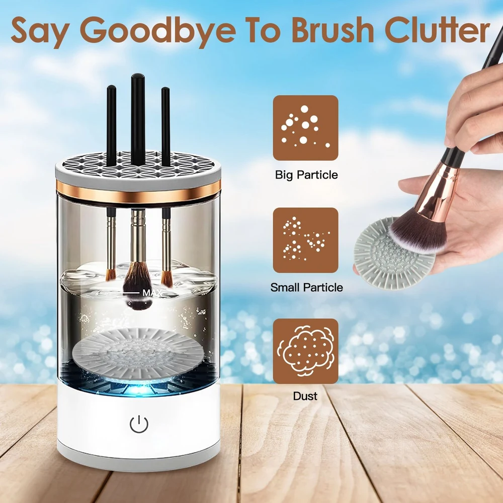 Electric brush cleaner showing a woman using a makeup brush, with water and cleaning features for removing big particles, small particles, and dust, against a blurred blue background.