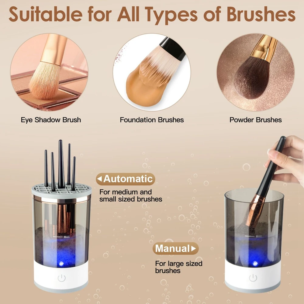 Automatic and manual brush cleaner for eye shadow, foundation, and powder brushes, featuring compartments for medium, small, and large brushes, illuminated with blue light.