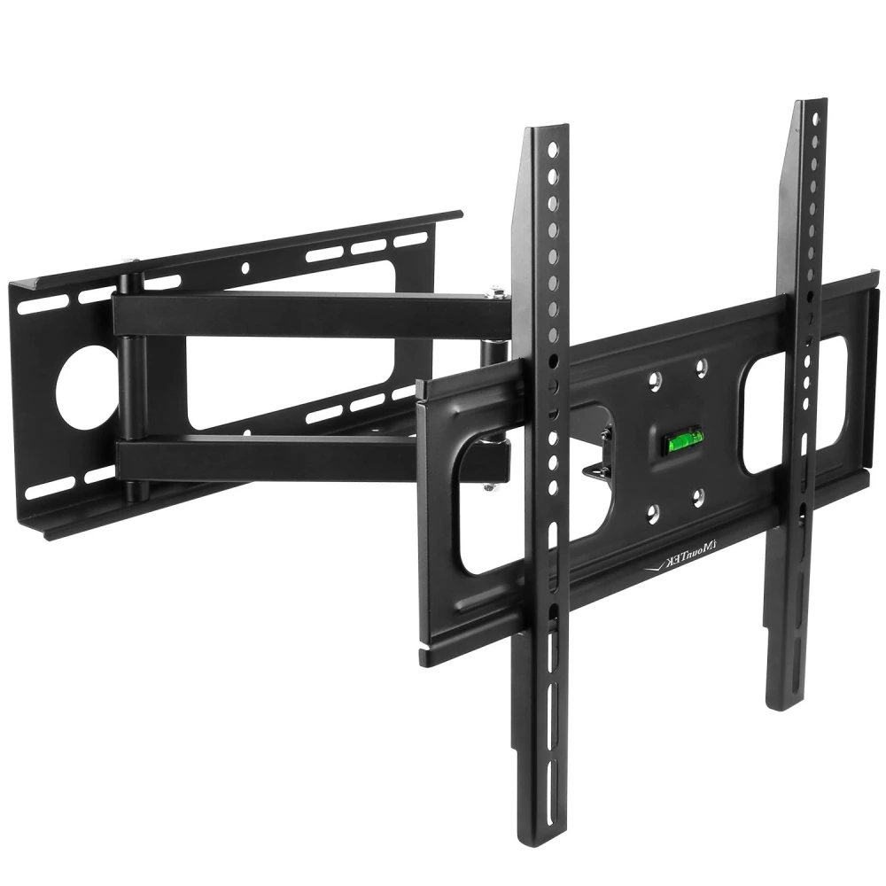 Adjustable black TV wall mount bracket with a built-in level for easy installation and optimal viewing angles.