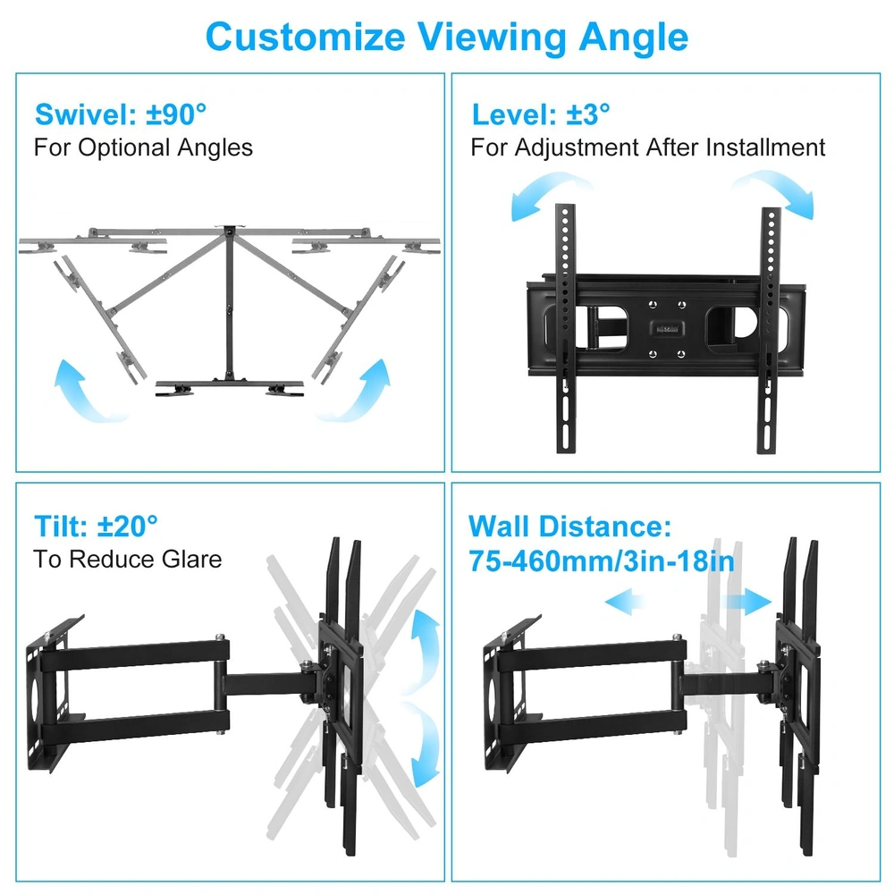 Adjustable TV wall mount features swivel (±90°), tilt (±20°), and level (±3°) adjustments for customizable viewing angles, accommodating wall distances of 75-460mm (3-18 inches).