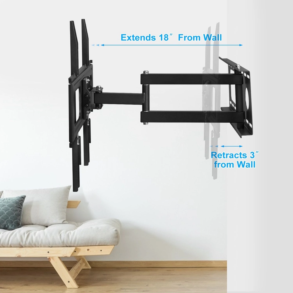 Articulating TV wall mount extending 18 inches and retracting 3 inches from wall, installed in a modern living room setting with a light-colored couch and decorative pillows.