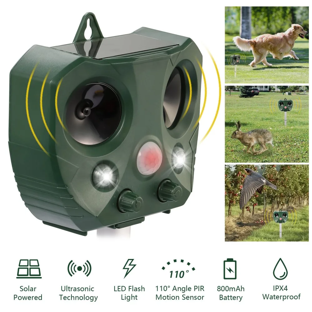 Solar-powered ultrasonic animal repeller with motion sensor, features LED flash light and waterproof design, effective for keeping pets and wildlife away.