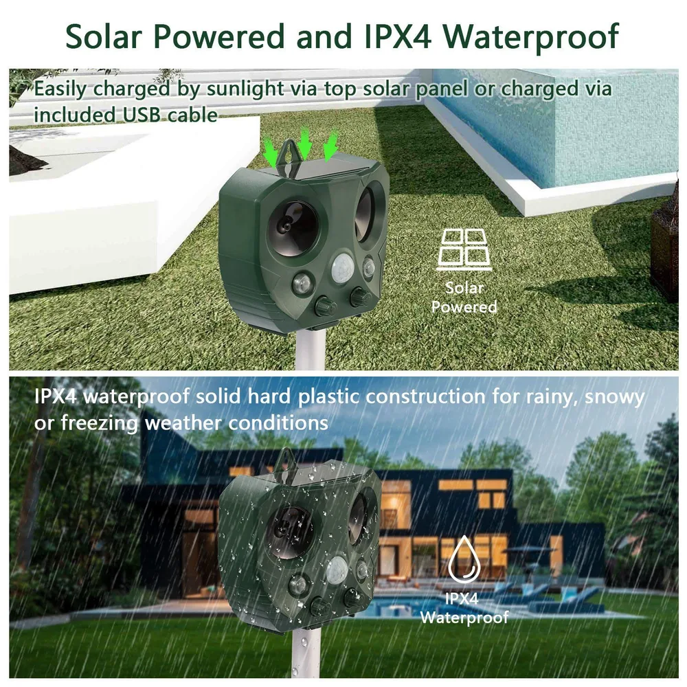 Solar-powered waterproof outdoor speaker with IPX4 rating, designed for all weather conditions, featuring dual speakers and USB charging capability, placed in a garden setting.