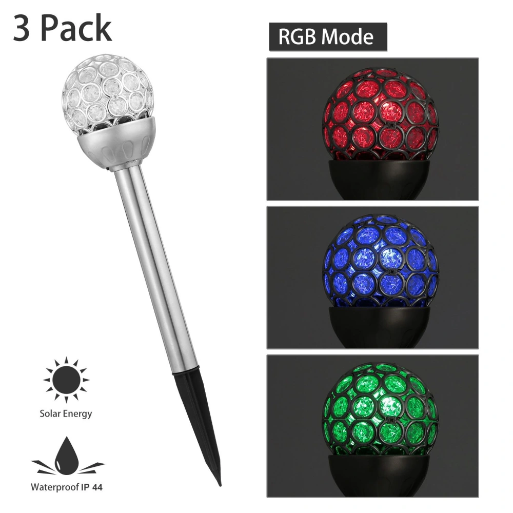 LED solar garden lights in a 3-pack featuring RGB color-changing modes with waterproof design, perfect for outdoor decoration.