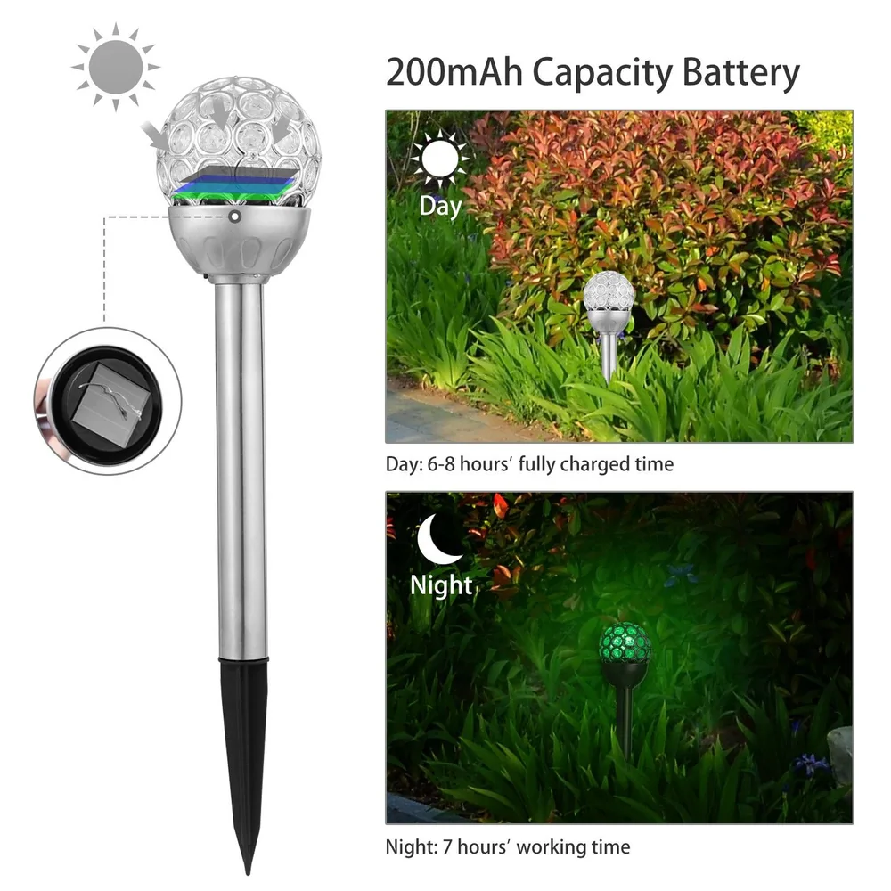 Solar-powered LED garden light with a 200mAh battery, featuring a decorative design, illuminating pathways with a vibrant glow in the night, and ideal for enhancing outdoor landscapes.