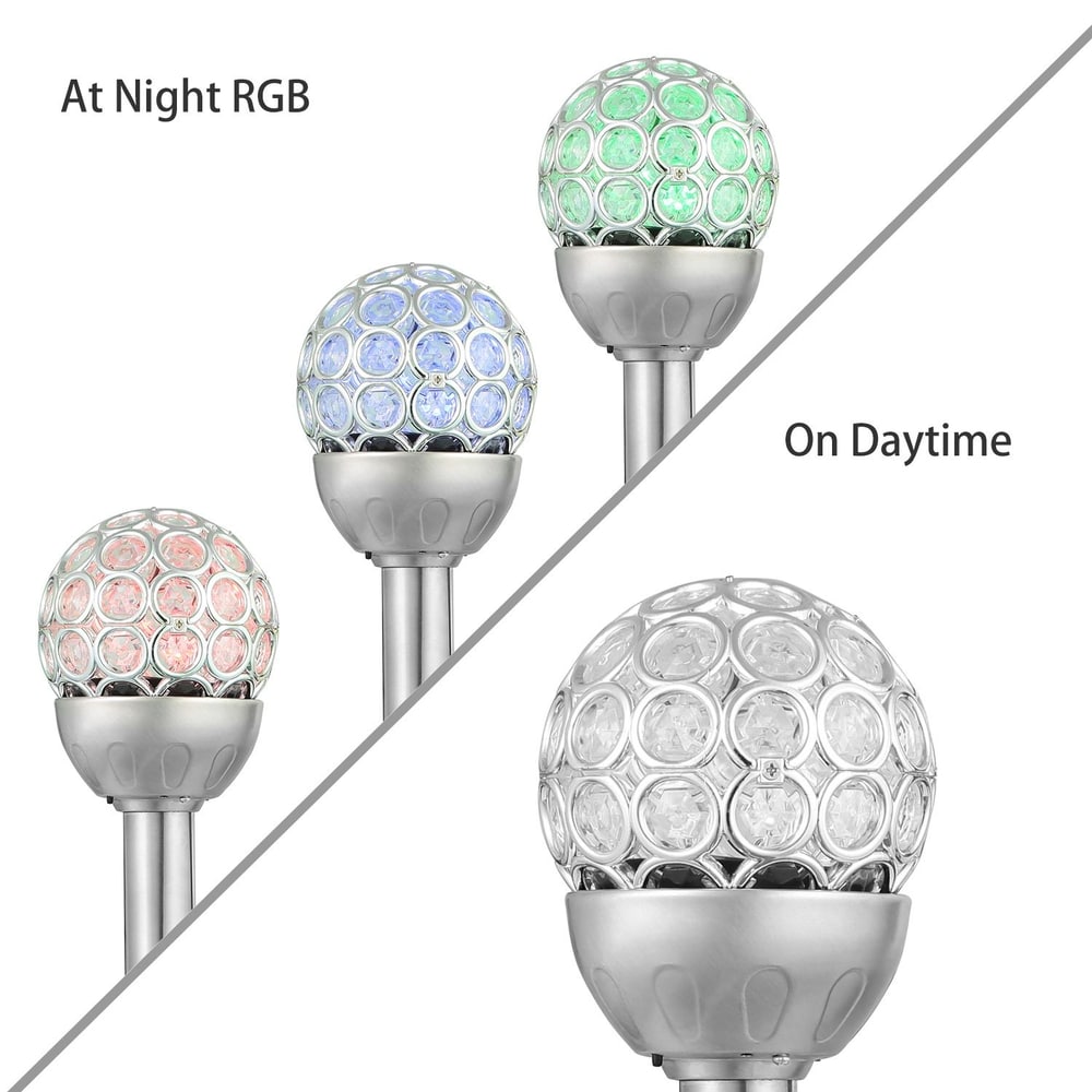 Color-changing outdoor solar garden lights displayed in vibrant RGB colors at night, alongside their elegant white design during the day, demonstrating versatility for garden decoration.