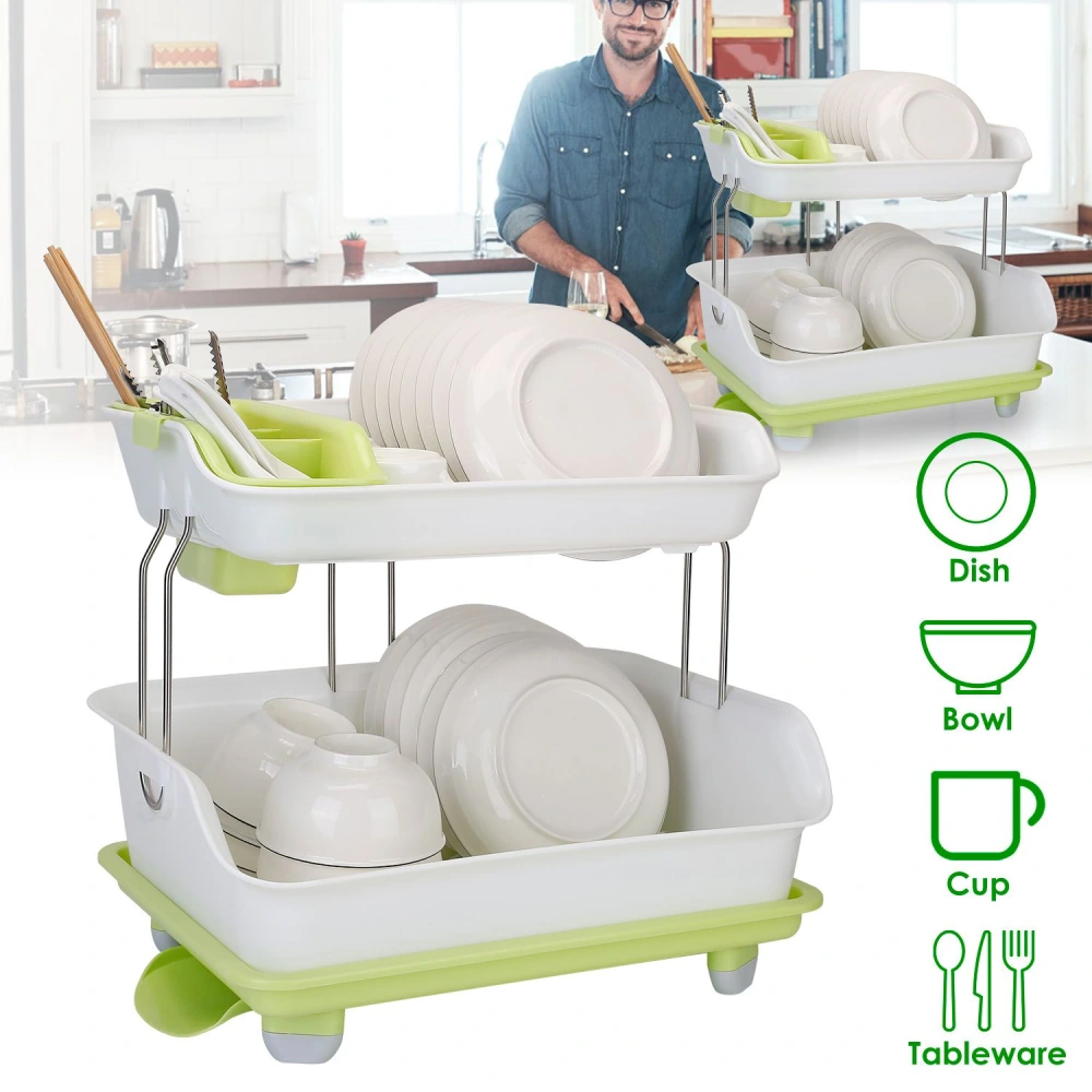 Stackable dish drying rack with white plates, cups, and utensils, featuring green accents in a modern kitchen setting. Ideal for organizing tableware efficiently.