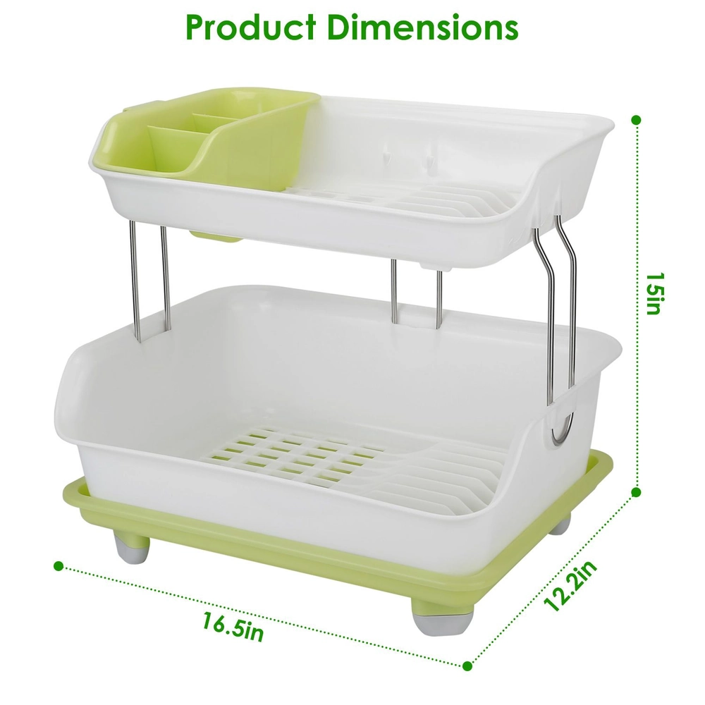 Two-tier dish drying rack in white and green, featuring a top tray with utensil holder and bottom tray with drainage slots, measuring 16.5 inches wide, 15 inches tall, and 12.2 inches deep.