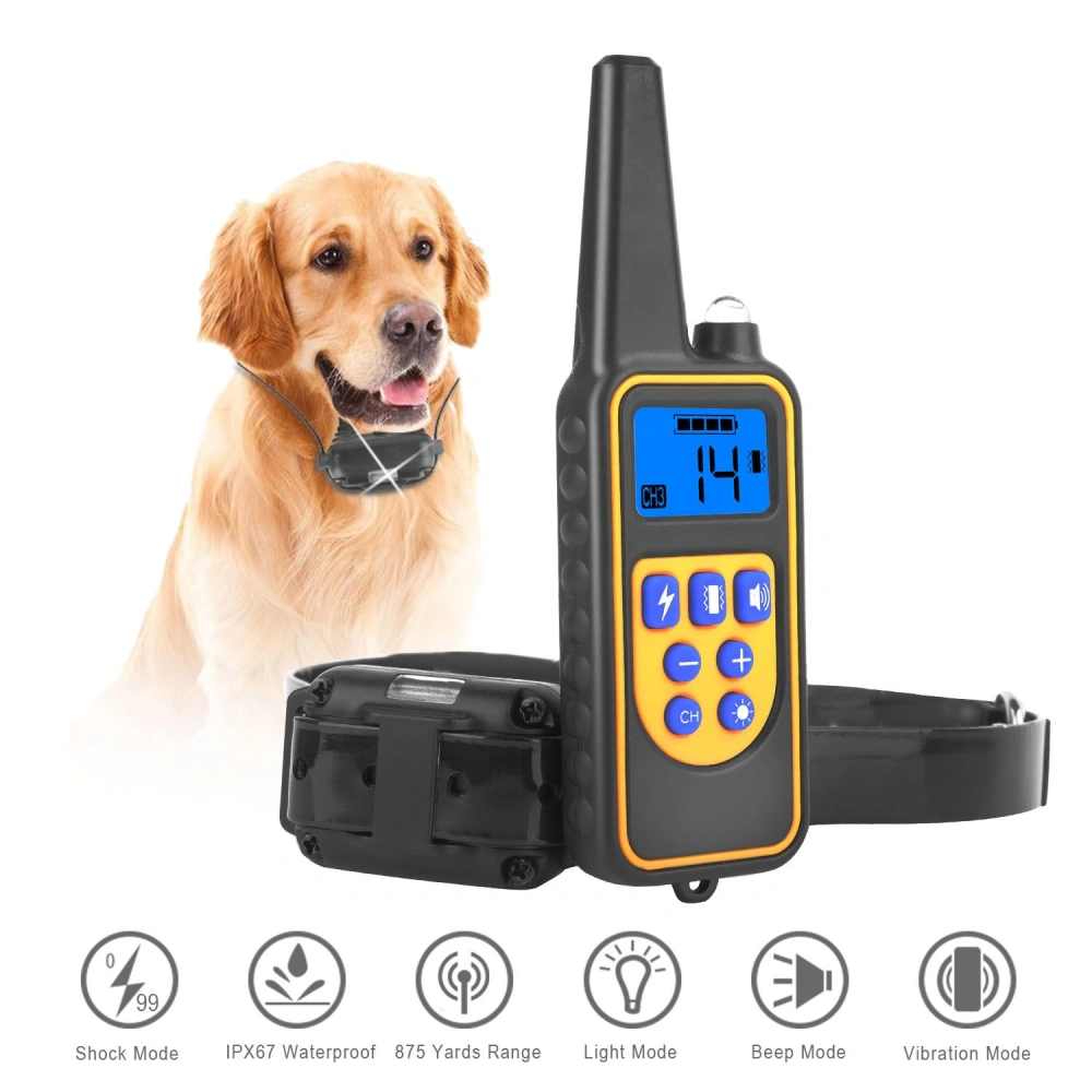 Dog training collar with remote control, waterproof design, and adjustable shock, beep, and vibration modes, featuring a digital display and a range of 875 yards.