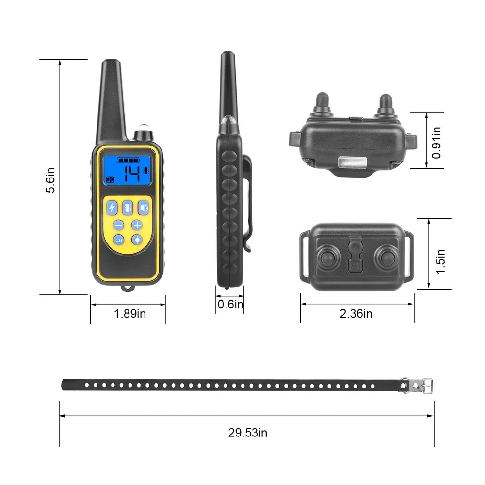 "Dog training remote control with LCD display and adjustable collar dimensions, features user-friendly buttons for effective communication, measuring 5.6x1.89 inches and includes a 29.53-inch collar strap."