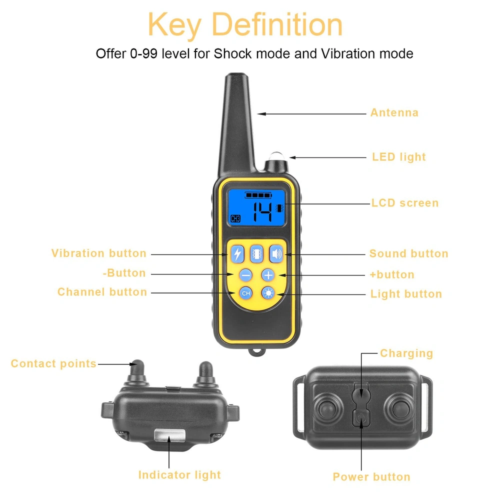 Handheld dog training remote with LCD screen, vibration, sound, and shock mode buttons, featuring charging port and indicator light for easy control.