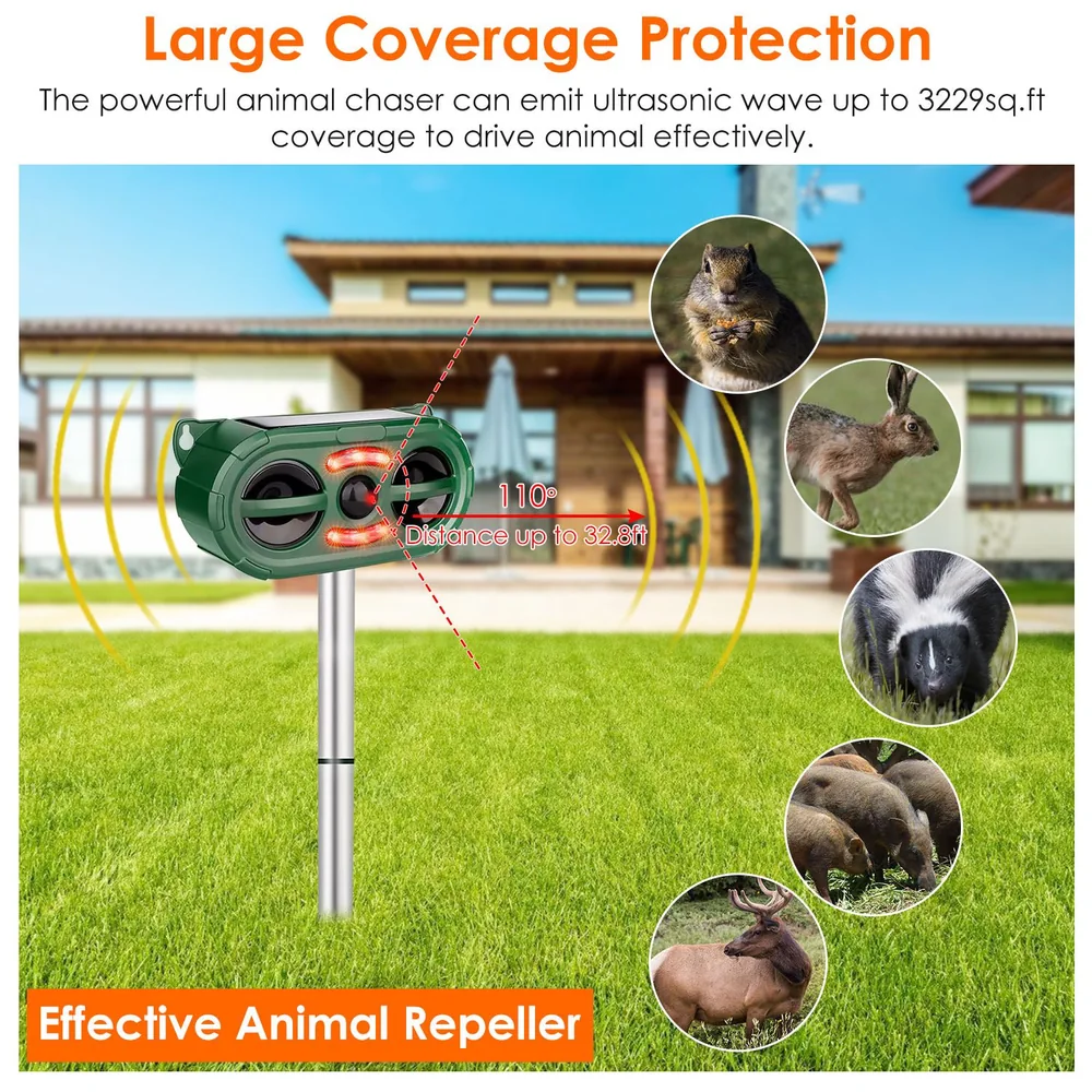 Ultrasonic animal repeller device designed for large coverage area up to 3229 sq ft, featuring a dual speaker system and effective against various animals including rabbits, squirrels, and deer.