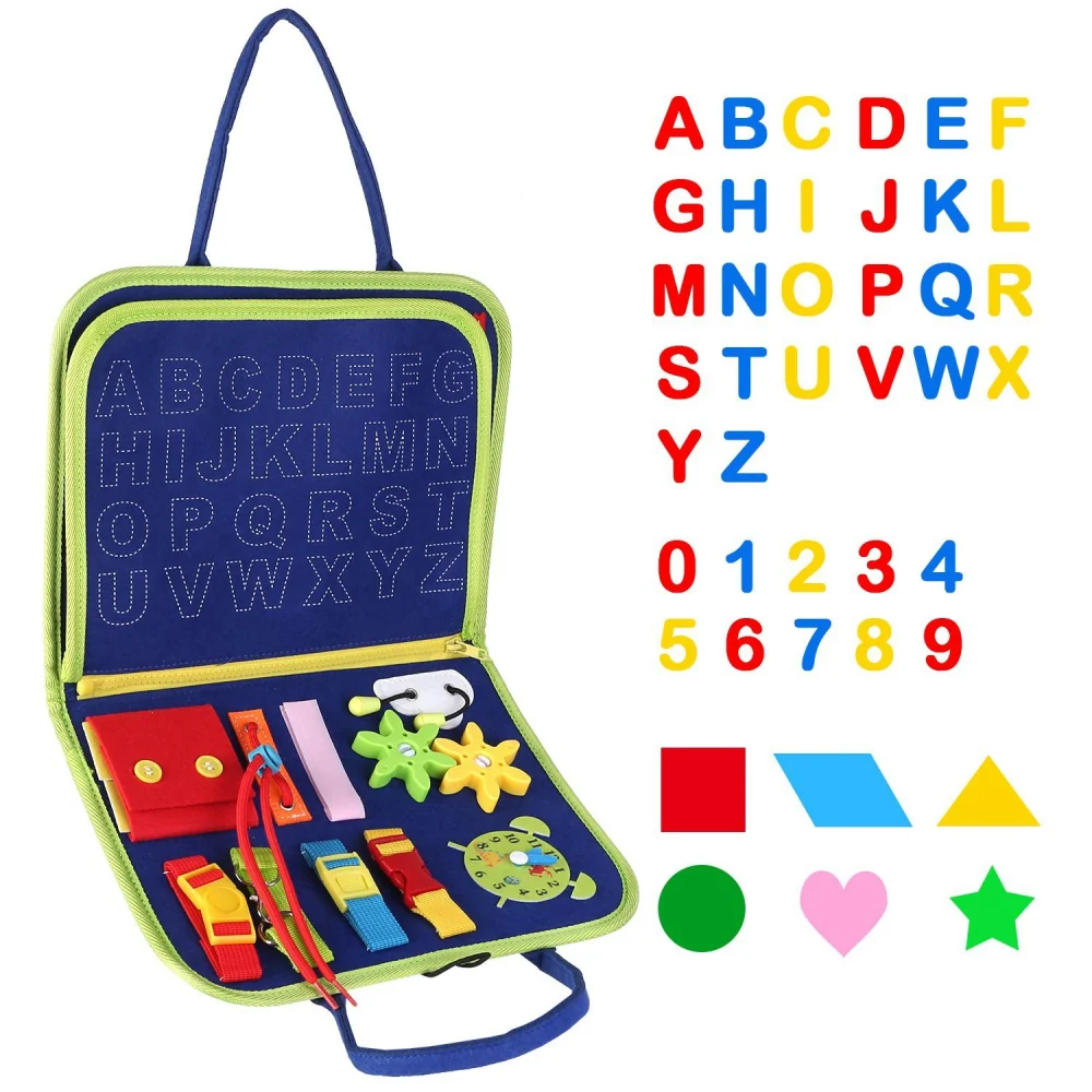 Colorful educational activity kit for toddlers featuring letters, numbers, and various shapes, designed for skill development and sensory play.