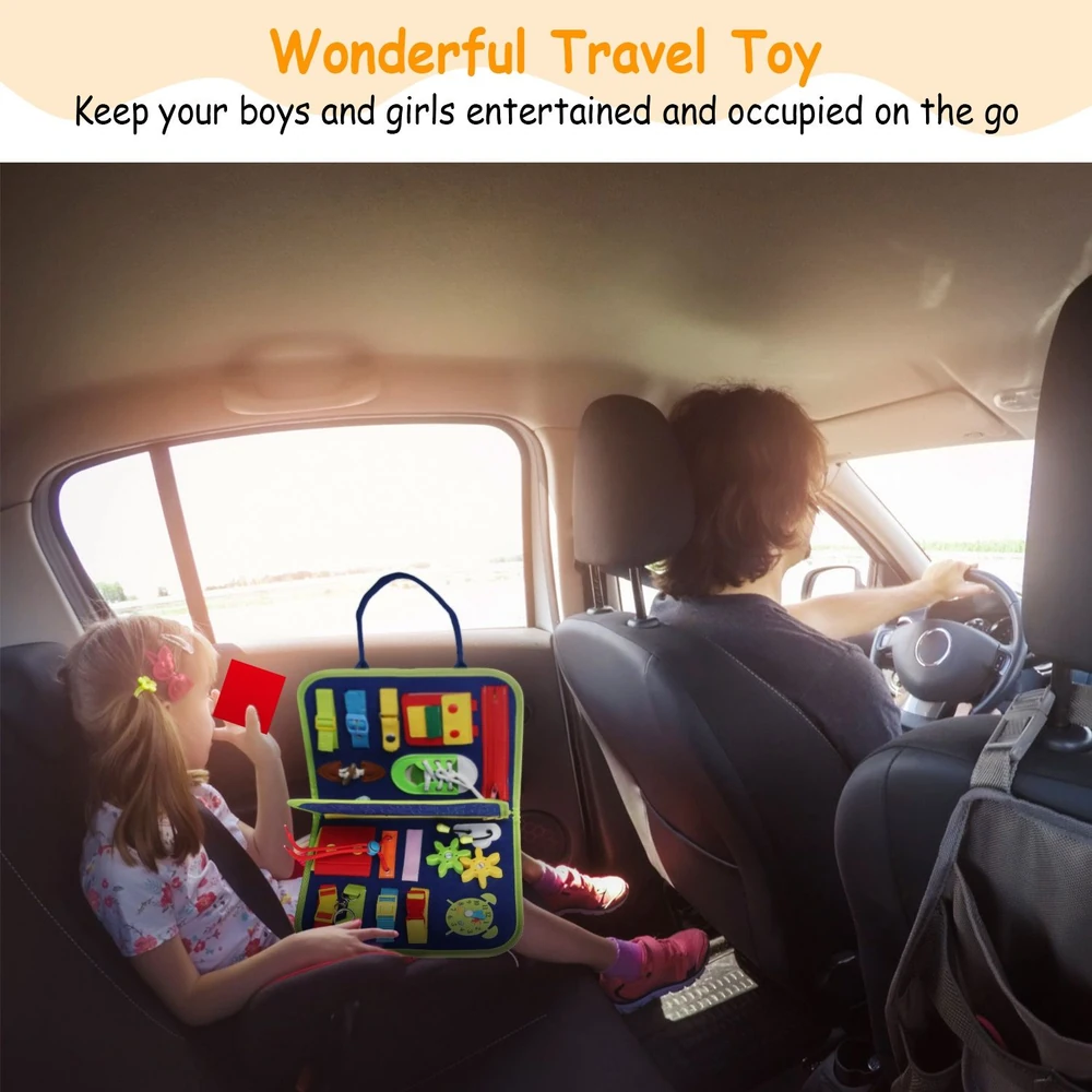 A young girl sitting in the backseat of a car enjoys a colorful travel toy, engaging with various interactive elements while a parent drives.