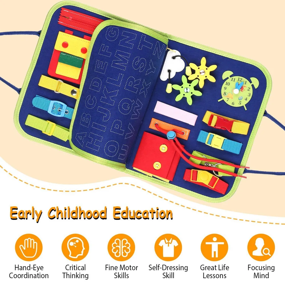 Educational toddler activity board featuring colorful buttons, zippers, and fasteners designed to enhance fine motor skills, critical thinking, and self-dressing abilities in early childhood development.
