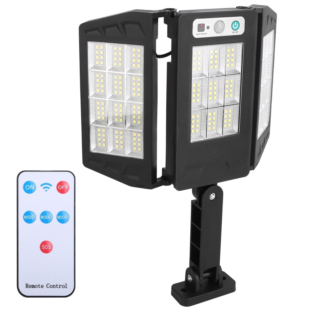 LED floodlight with adjustable panels, remote control included, designed for outdoor lighting and security solutions.