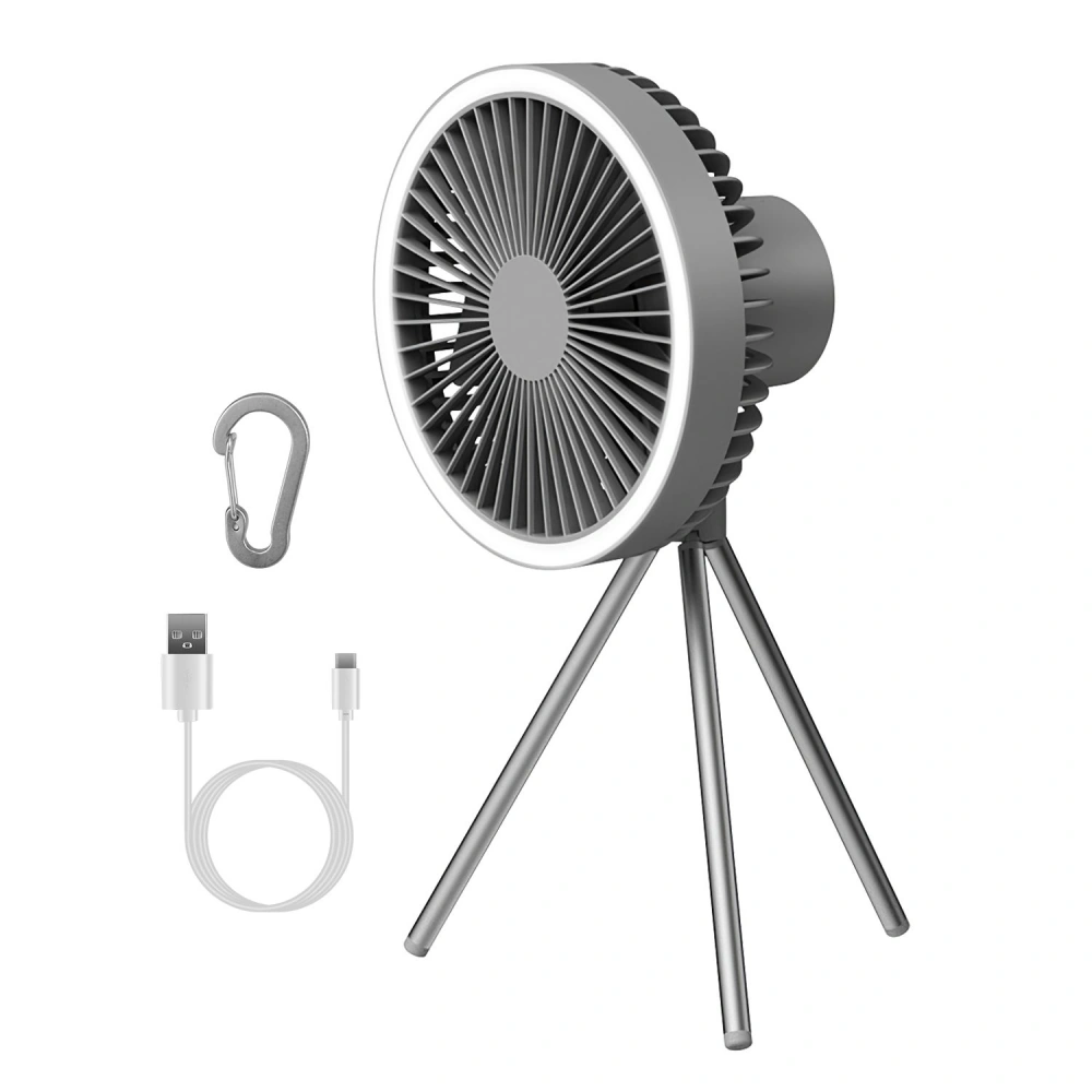 Portable USB desk fan with tripod stand, carabiner, and charging cable, designed for versatile cooling and convenience.