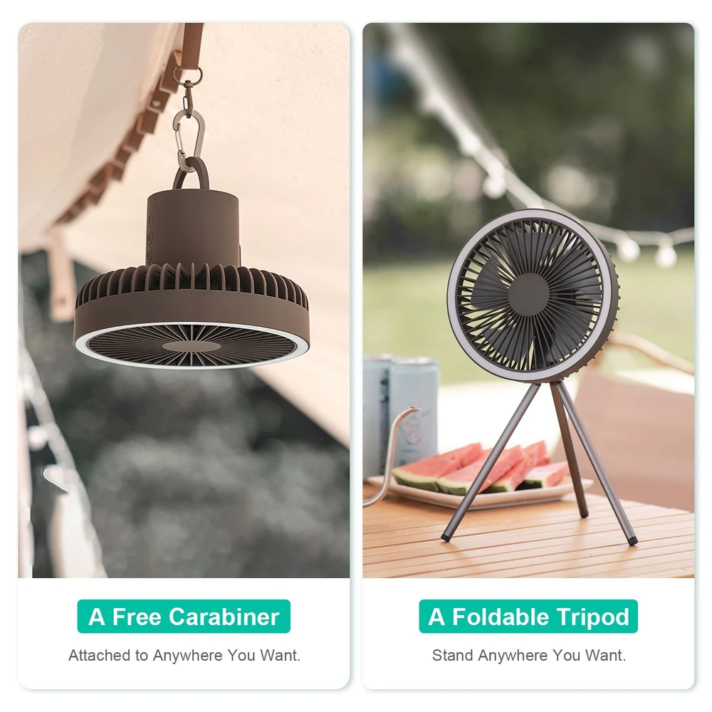 Portable fan with carabiner and foldable tripod design, ideal for outdoor use and adjustable positioning for convenience.