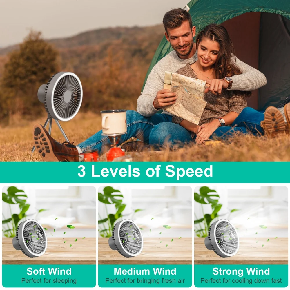 Portable camping fan with three speed settings, showcased outdoors with two people enjoying a map inside a tent. Ideal for fresh air and quick cooling during outdoor activities.
