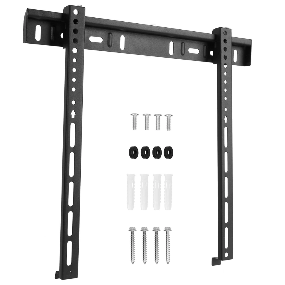 Black TV wall mount bracket with adjustable mounting holes and included installation hardware for securing TVs, featuring screws, wall plugs, and rubber washers.