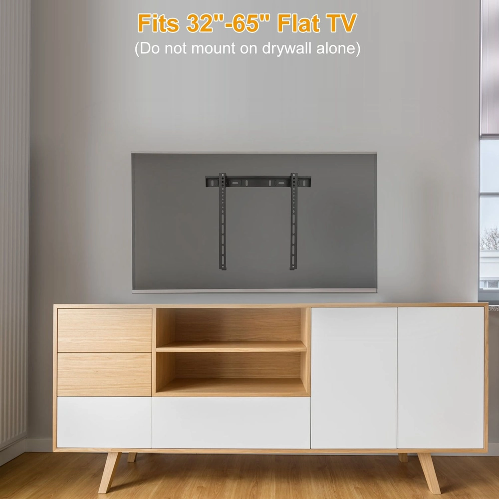 Flat TV wall mount designed for 32" to 65" TVs, displayed on a modern living room wall above a minimalist wooden media console.