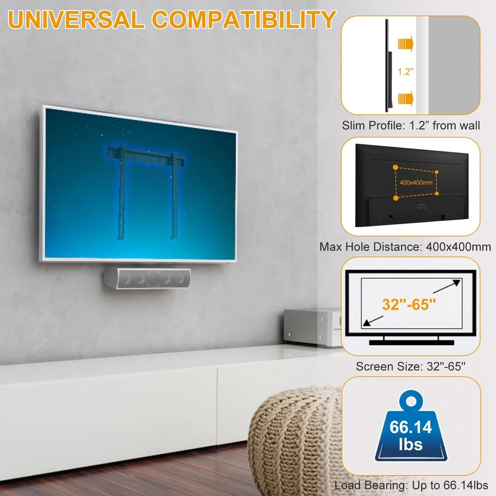 Image of a universal TV wall mount with slim profile, showcasing compatibility for 32"-65" screens, a maximum hole distance of 400x400mm, and a load-bearing capacity of 66.14 lbs, mounted on a modern living room wall.