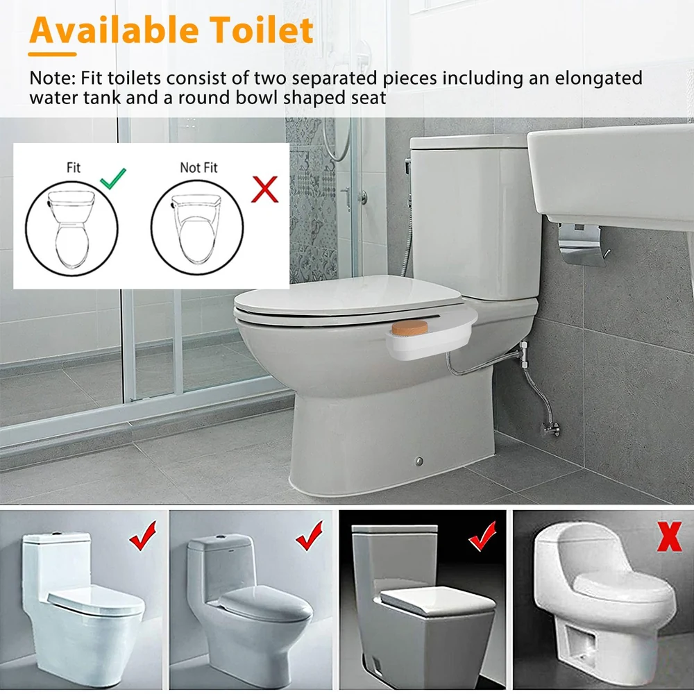 Illustration showing types of toilets compatible with the product, featuring a modern two-piece toilet in a bathroom setting, alongside icons indicating which toilet designs fit or do not fit the product.