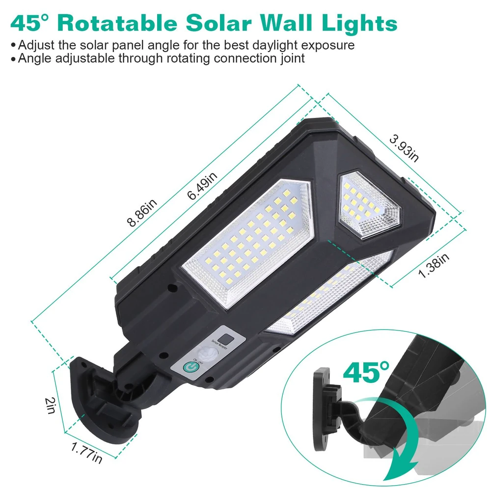 45° Rotatable Solar Wall Light with adjustable solar panel for optimal daylight exposure, featuring a sleek design and energy-efficient LED bulbs.