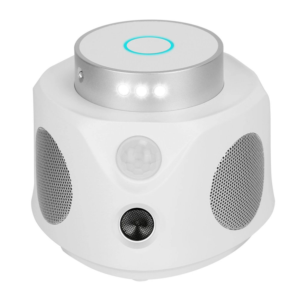 Compact white Bluetooth speaker with silver accents and multiple controls on top, featuring a motion sensor and dual speakers for high-quality sound.
