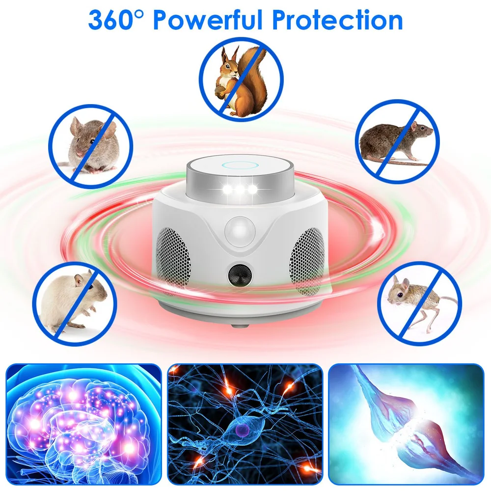 Ultrasonic pest repeller device with 360-degree coverage and illuminated features, designed to keep away rodents and insects, illustrated with crossed-out images of squirrels, mice, and other pests, alongside graphics of brain and nerve activity.