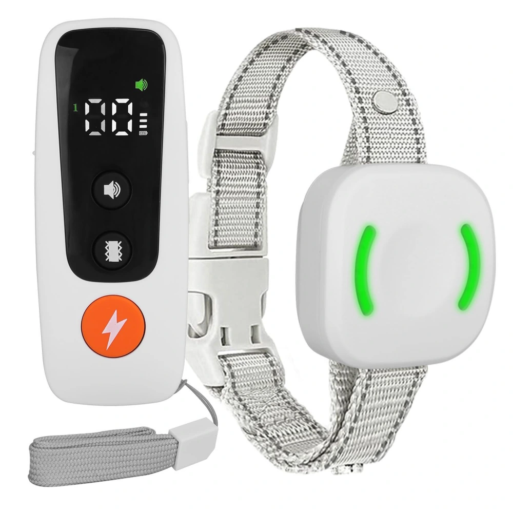 Remote-controlled dog training collar with adjustable settings, digital display, and reflective nylon strap for safety.