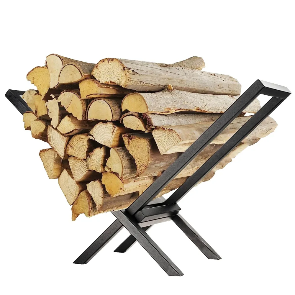 Stylish black metal log holder displaying neatly stacked firewood for home decor and efficient storage.