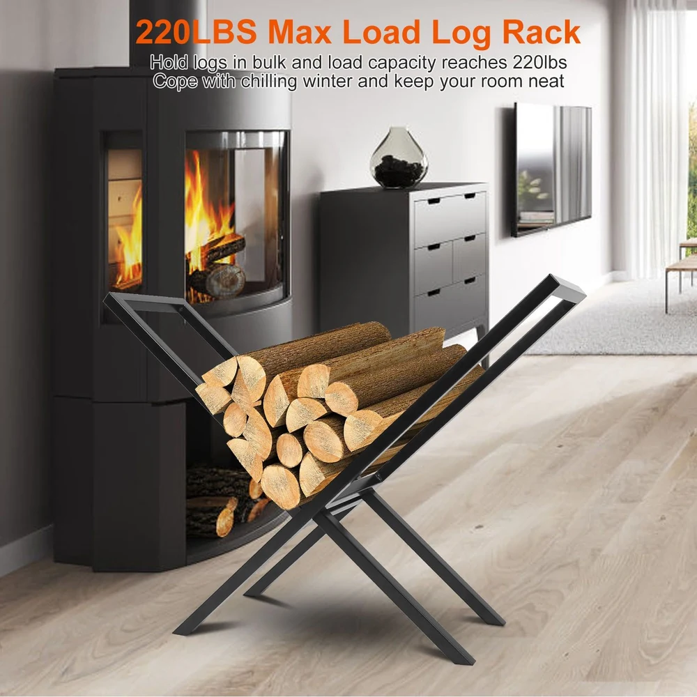 Stylish black log rack holding firewood, supporting up to 220 lbs, set in a cozy living room with a modern fireplace.